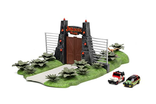 Jada Toys Jurassic World Nano Scene (17x18 cm) - Spiel-Kulisse mit Jurassic Park Tor, 2 Metall-Autos (Jeep Wrangler und Ford Explorer) & Dinosaurier-Deko, für Fans und Kinder ab 6 Jahre von Jada Toys