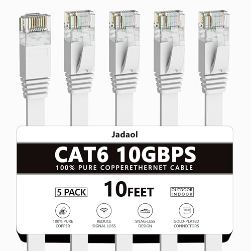 Cat 6 Ethernet Cable - Flat Internet Network Cable - Cat6 Ethernet Patch Cable Short - Cat 6 Computer LAN Cable with Snagless RJ45 Connectors (10ft-5Pack-White) von Jadaol