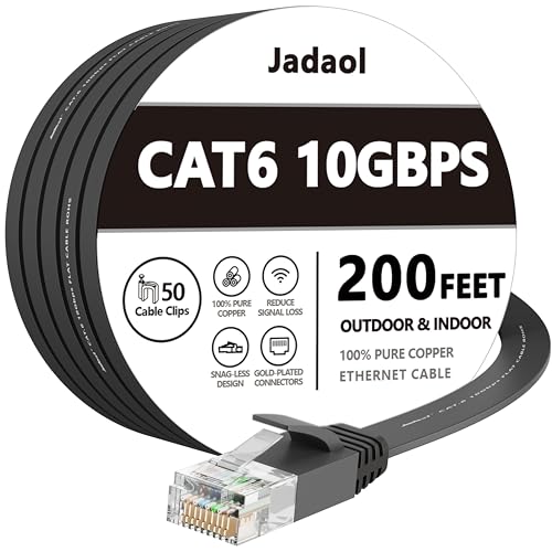 Cat6 Ethernet-Kabel, 60 m, für den Außen- und Innenbereich, 10 Gbit/s unterstützt Cat7-Netzwerk, schlankes langes flaches Internet-LAN-Patchkabel, Gaming, Schwarz von Jadaol