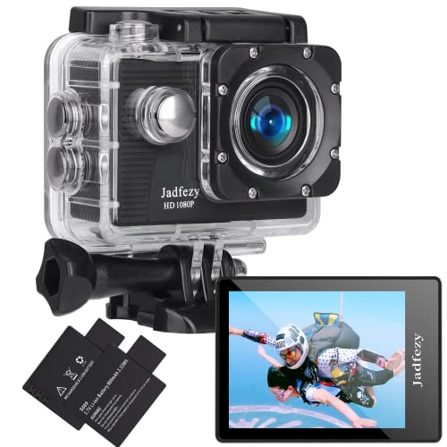 Jadfezy Action Cam FHD 1080P/12MP, Unterwasserkamera wasserdicht bis 30M, 140 Grad Weitwinkel Action Kamera mit Zwei 900 mAh wiederaufladbare Akkus und Zubehör-Set von Jadfezy