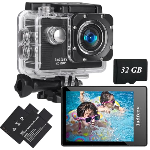 Jadfezy Action Cam FHD 1080P mit 32GB Karte, Unterwasserkamera wasserdicht bis 30M, 140 Grad Weitwinkel Action Kamera mit Zwei 900 mAh wiederaufladbare Akkus und Zubehör-Set von Jadfezy