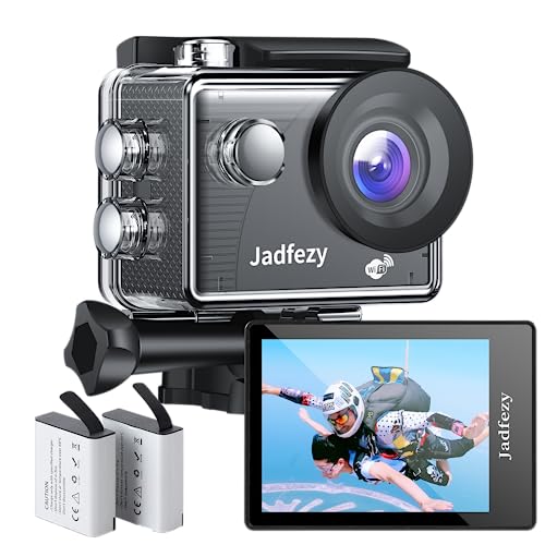 Jadfezy WiFi Action Cam HD 1080P, 12MP Action Kamera Weitwinkel 2 "LCD-Bildschirm, Unterwasserkamera wasserdicht bis 30m/98FT mit 2×1050 mAh Batterien und Zubehör Kit für Helm und Fahrrad usw. von Jadfezy