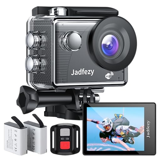 Jadfezy WiFi Action Cam HD 1080P, 12MP Action Kamera mit Fernbedienung, Unterwasserkamera wasserdicht bis 30m/98FT mit 2×1050 mAh Batterien und Zubehör Kit für Helm und Fahrrad usw. von Jadfezy