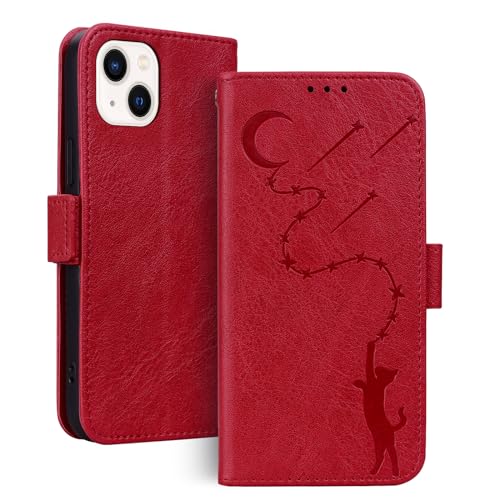 Jajaful Handyhülle für iPhone 14 Hülle Leder Ständer Kartenfach Schutzhülle mit Magnetisch Klapphülle iPhone 14 Tasche Rot von Jajaful