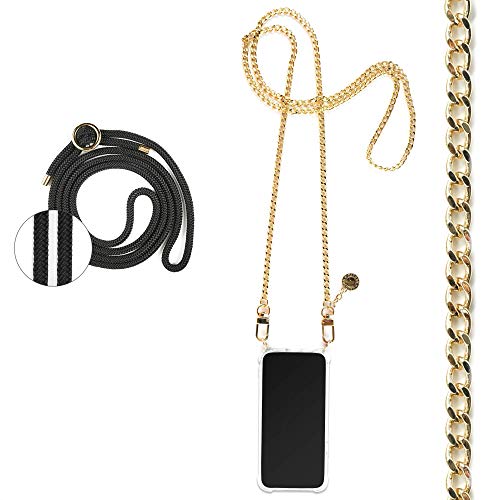 Jalouza Handykette, Kordel & Hülle Bundle kompatibel mit iPhone 12 Pro Max - Gliederkette in Gold und Kordel in Farbe Schwarz-Gold Plus Handyhülle zum umhängen von Jalouza