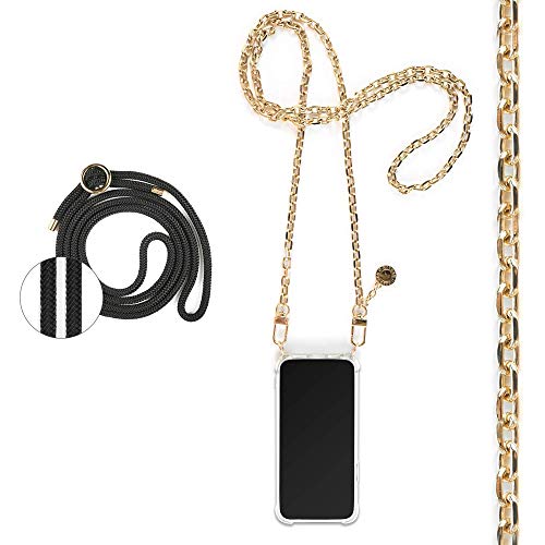 Jalouza Handykette, Kordel & Hülle Bundle kompatibel mit iPhone 12 & 12 Pro - Ankerkette in Gold und Kordel in Farbe Schwarz-Gold Plus Handyhülle zum umhängen von Jalouza