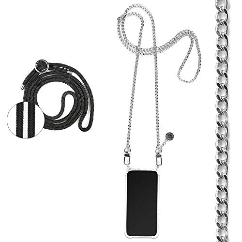Jalouza Handykette, Kordel & Hülle Bundle kompatibel mit iPhone 12 & 12 Pro - Gliederkette in Silber und Kordel in Farbe Schwarz-Silber Plus Handyhülle zum umhängen von Jalouza