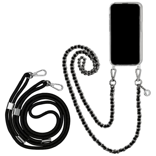 Jalouza Handykette, Kordel & Hülle Bundle kompatibel mit iPhone 13 - Metallkette in Schwarz-Silber und Kordel in Farbe Schwarz-Silber Plus Handyhülle zum umhängen von Jalouza