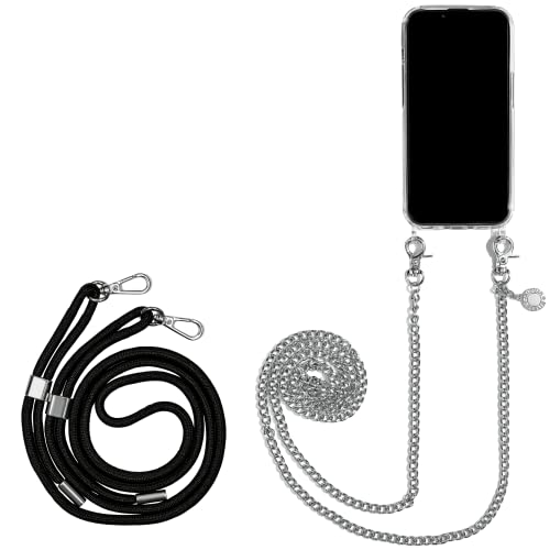 Jalouza Handykette, Kordel & Hülle Bundle kompatibel mit iPhone 13 Pro - Gliederkette in Silber und Kordel in Farbe Schwarz-Silber Plus Handyhülle zum umhängen Necklace von Jalouza