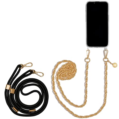 Jalouza Handykette, Kordel & Hülle Bundle kompatibel mit iPhone 13 Pro Max – Handykette Gold und Kordel Schwarz-Gold Plus Handykette iPhone 13 Pro Max Handyband von Jalouza