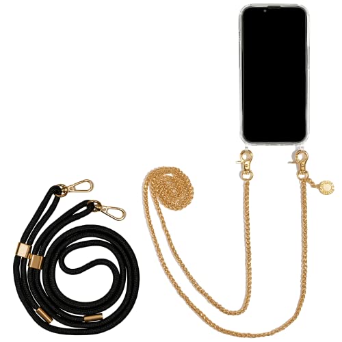 Jalouza Handykette, Kordel & Hülle Bundle kompatibel mit iPhone 13 Pro Max - Zopfkette in Gold und Kordel in Farbe Schwarz-Gold Plus Handyhülle zum umhängen von Jalouza