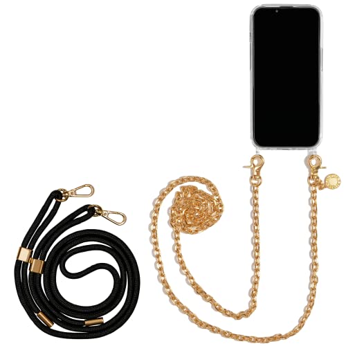 Jalouza Handykette iPhone 13 Pro Max inklusive Kordel und Hülle – Handykette Gold und Kordel in Schwarz Gold, Handyhülle zum umhängen Handy Kette Phone Strap von Jalouza