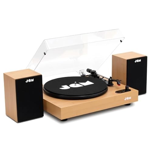 JAM Plattenspieler mit Lautsprechern – Bluetooth-Schallplattenspieler mit Regal-Lautsprechern, 3-Speed Vinyl-Player mit Staubschutz, vorjustiertem Tonarm, Vinyl-Reiniger inklusive, Holz von Jam