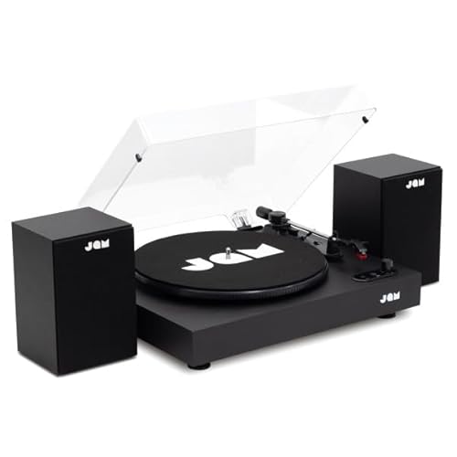 JAM Plattenspieler mit Lautsprechern – Bluetooth-Schallplattenspieler mit Regal-Lautsprechern, 3-Speed Vinyl-Player mit Staubschutz, vorjustiertem Tonarm, Vinyl-Reiniger inklusive, Schwarz von JAM