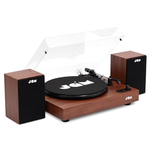 JAM Plattenspieler mit Lautsprechern – Bluetooth-Schallplattenspieler mit Regal-Lautsprechern, 3-Speed Vinyl-Player mit Staubschutz, vorjustiertem Tonarm, Vinyl-Reiniger inklusive, Walnuss JAM Plattenspieler mit Lautsprechern – Bluetooth-Schallplattenspieler mit Regal-Lautsprechern, 3-Speed Vinyl-Player mit Staubschutz, vorjustiertem Tonarm, Vinyl-Reiniger inklusive, Walnuss von JAM