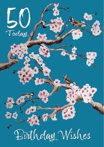 Glückwunschkarte zum 50. Geburtstag für Damen, Freundin, Ehefrau oder Tochter für Sie, Blüten- und Vogel-Design von James Coates