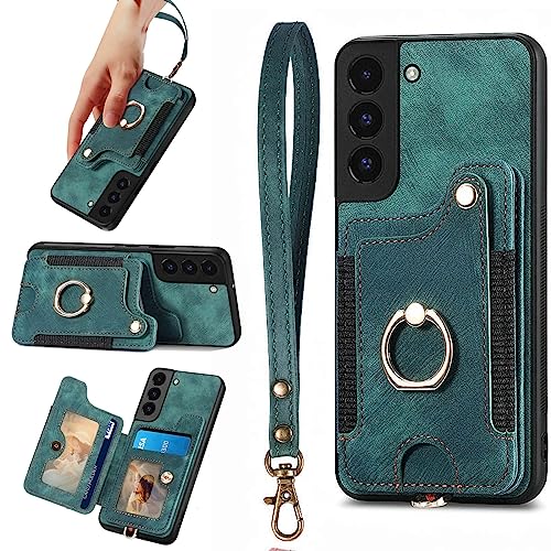S22 Hülle, Kartenhalter Brieftasche für Samsung Galaxy S22 Hülle, Ringhalter Ständer für Damen und Herren, RFID-blockierend, Leder, schützende magnetische Klapphülle für Galaxy S22 Hülle (grün) von JanCalm