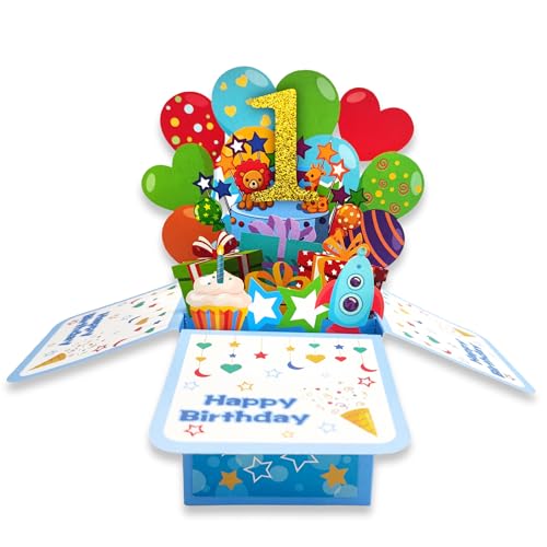 JanYoo 3D Geburtstag Karte mit Umschlag Pop up 3D Happy Birthday Grußkarte für Junge Mädchen Frau Mann Familie und Freunden Romantik Jahrgang für Party Jubiläum(Blau-1) von JanYoo