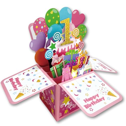 JanYoo 3D Geburtstag Karte mit Umschlag Pop up 3D Happy Birthday Grußkarte für Junge Mädchen Frau Mann Familie und Freunden Romantik Jahrgang für Party Jubiläum(Rosa-1) von JanYoo