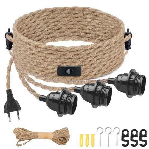 JaneYi E27 Fassung mit Kabel und Stecker Vintage Pendelleuchte 3-Flammige Lampenfassung mit Schalter Lampenkabel aus Hanfseil Hängelampe für Küche Bar Loft - Ohne Glühbirne JaneYi E27 Fassung mit Kabel und Stecker Vintage Pendelleuchte 3-Flammige Lampenfassung mit Schalter Lampenkabel aus Hanfseil Hängelampe für Küche Bar Loft - Ohne Glühbirne von JaneYi