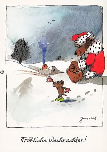 Janosch WeihnachtsPOSTkarte Maus wirft Schneebälle von Janosch