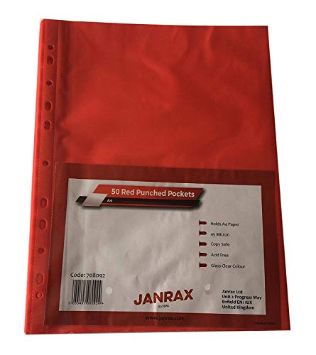 Janrax Klarsichthüllen, gelocht, A4, Rot, 50 Stück von Janrax