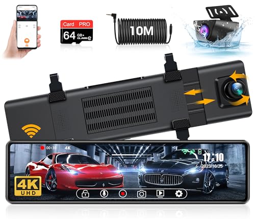 【2024 Neueste】 4K WiFi Spiegel Dashcam mit Rückfahrkamera mit 64G SD-Karte, Jansite Rückfahrkamera Spiegel Auto Kamera mit 12" IPS-Touchscreen Dashcam Auto Vorne Hinten 10M Kabel WDR G-Sensor… von Jansite