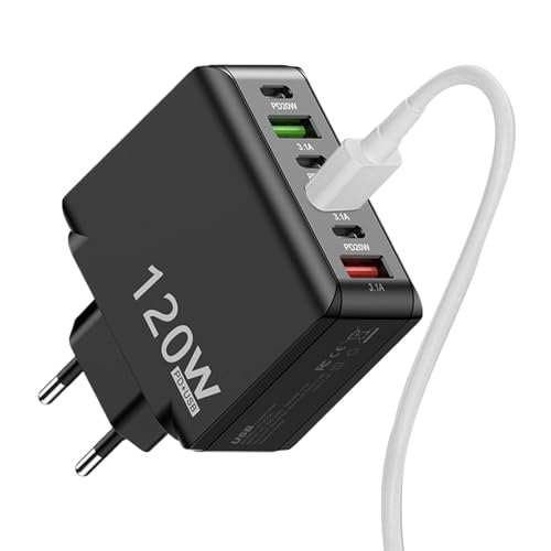 -Wandladegerät – Leichter -Wandadapter, 120-W-Wandsteckdosenadapter | Robuster Multi-Port-Wandsteckdosenadapter, Schnelllade-Wandladegerät-Hub mit 3 USB C und 3 USB A für mehr von Janurium
