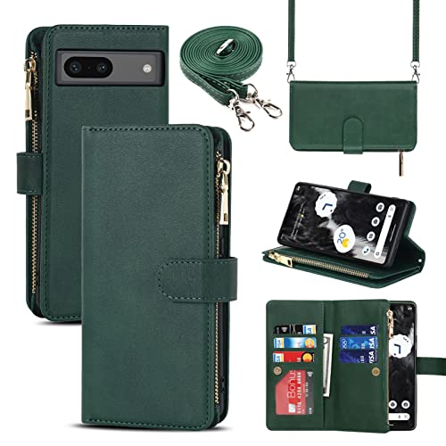 Jaorty Google Pixel 7a Handyhülle für Frauen mit Umhängeband, Google Pixel 7a Wallet Case mit Kartenhalter, Reißverschlusstasche, PU-Leder Handyhülle für Pixel 7a, dunkelgrün von Jaorty