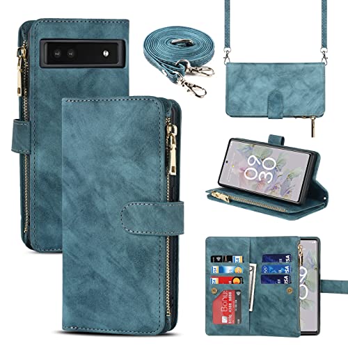 Jaorty Passend für Google Pixel 6a (5G 2022) Wallet Case, [9 Kartenfächer] [Abnehmbarer, verstellbarer Crossbody-Halsband-Schultergurt] Reißverschluss PU-Lederhülle für Damen und Herren 6,1 Zoll, Blau von Jaorty