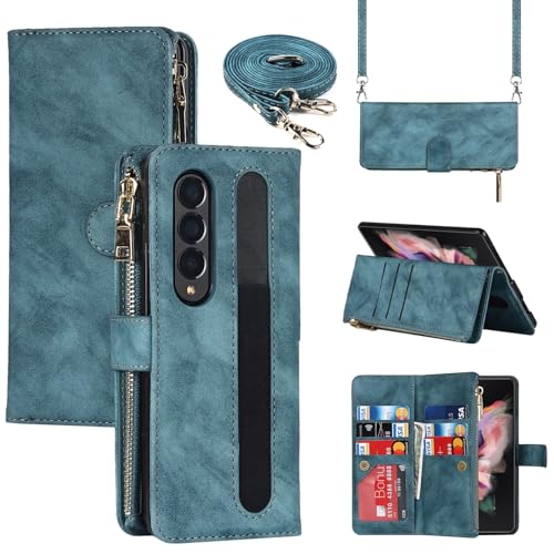 Jaorty Samsung Galaxy Z Fold 4 5G Wallet Case mit S Stifthalter, [9 Kartenfächer] Abnehmbares, verstellbares Crossbody Halsband Schultergurt Reißverschluss PU Lederhülle für Männer und Frauen, Blau von Jaorty