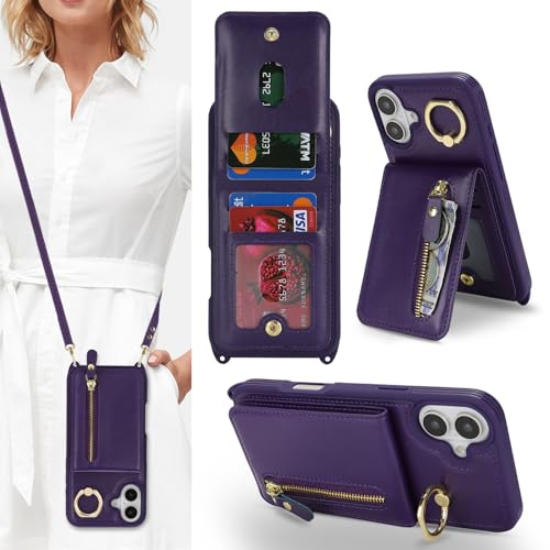 Jaorty Schutzhülle für iPhone 16 Plus, mit Kartenhalter, für Damen und Herren, mit Ringhalter, PU-Leder, Magnetverschluss, Reißverschluss, mit Umhängeband, für iPhone 16 Plus 17 cm (6,7 Zoll Jaorty Schutzhülle für iPhone 16 Plus, mit Kartenhalter, für Damen und Herren, mit Ringhalter, PU-Leder, Magnetverschluss, Reißverschluss, mit Umhängeband, für iPhone 16 Plus 17 cm (6,7 Zoll von Jaorty