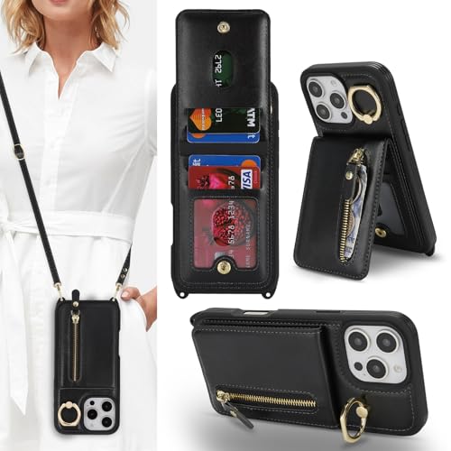 Jaorty Schutzhülle für iPhone 16 Pro Max 17,5 cm (6,9 Zoll), kompatibel mit iPhone 16 Pro Max, mit Kartenhalter, PU-Leder, Magnetverschluss, Reißverschluss, mit Umhängeband, Schwarz von Jaorty