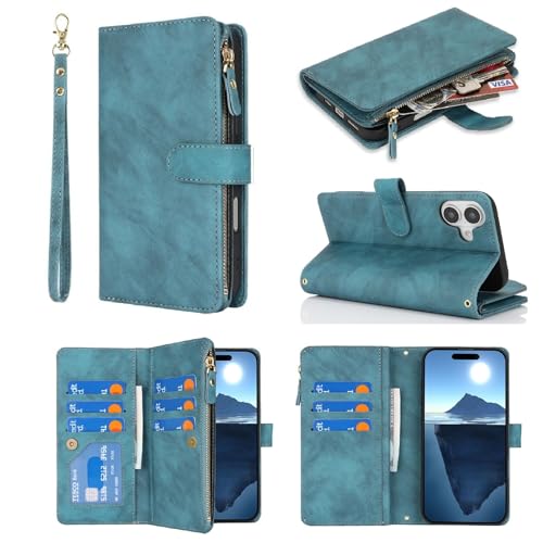 Jaorty Schutzhülle für iPhone 16 mit Riemen, für iPhone 16, Brieftasche für Damen und Herren, 9 Kartenfächer, Handgelenkschlaufe, Reißverschluss, Geldfach, magnetische Lederhülle, 15,5 cm, Blau Jaorty Schutzhülle für iPhone 16 mit Riemen, für iPhone 16, Brieftasche für Damen und Herren, 9 Kartenfächer, Handgelenkschlaufe, Reißverschluss, Geldfach, magnetische Lederhülle, 15,5 cm, Blau von Jaorty