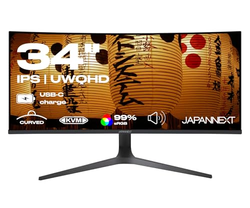 JAPANNEXT Curved PC-Monitor | 34 Zoll | UWQHD | HDR | IPS-Panel | Power Delivery über USB-C | G-Sync/FreeSync | KVM-Technologie, JN-IPSC34UWQHDR-C65W-H von JapanNext