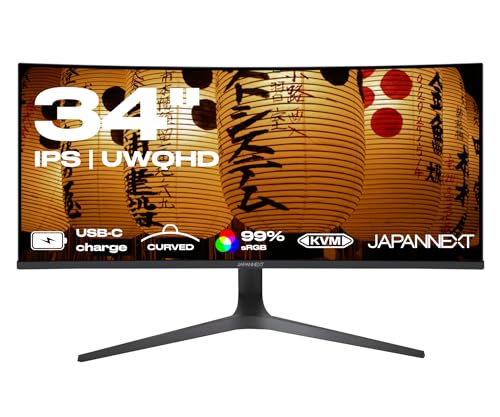 JAPANNEXT Curved PC-Monitor | 34 Zoll | UWQHD | HDR | IPS-Panel | Power Delivery über USB-C | G-Sync/FreeSync | KVM-Technologie, JN-IPSC34UWQHDR-C65W-H von JapanNext