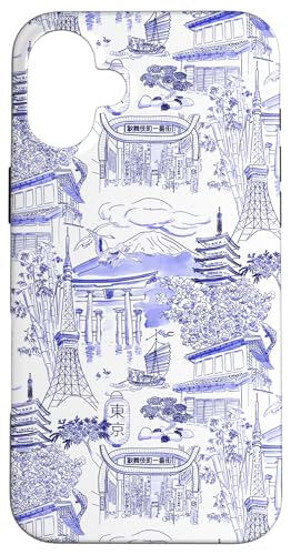 Adrette Blue Tokyo Chinoiserie Toile Temple Sakura Fuji Hülle für iPhone 16 Plus von Japanese Aesthetic Toile Patterns