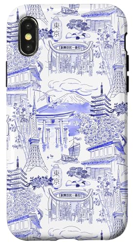 Adrette Blue Tokyo Chinoiserie Toile Temple Sakura Fuji Hülle für iPhone X/XS Adrette Blue Tokyo Chinoiserie Toile Temple Sakura Fuji Hülle für iPhone X/XS von Japanese Aesthetic Toile Patterns