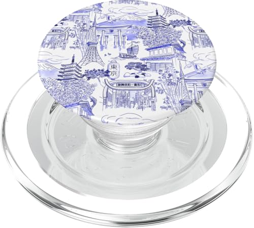 Adrette Blue Tokyo Chinoiserie Toile Temple Sakura Fuji PopSockets PopGrip für MagSafe von Japanese Aesthetic Toile Patterns