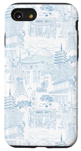Adrette Kornblumenblau Tokyo Chinoiserie Toile Sakura Fuji Hülle für iPhone SE (2020) / 7 / 8 von Japanese Aesthetic Toile Patterns