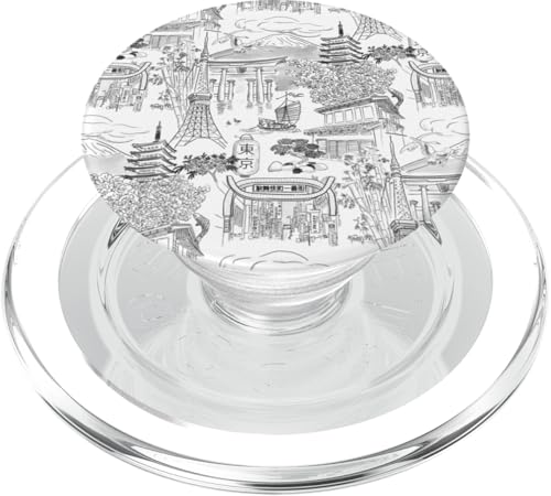Adrette Schwarz & Weiß Tokyo Chinoiserie Toile Sakura Fuji PopSockets PopGrip für MagSafe von Japanese Aesthetic Toile Patterns