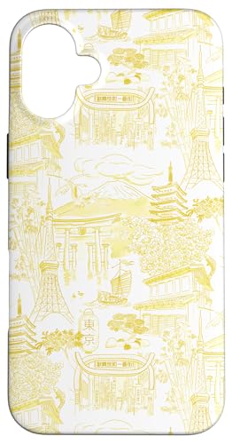 Adrette gelbe Tokyo Chinoiserie Toile Tempel Sakura Fuji Hülle für iPhone 16 Plus Adrette gelbe Tokyo Chinoiserie Toile Tempel Sakura Fuji Hülle für iPhone 16 Plus von Japanese Aesthetic Toile Patterns