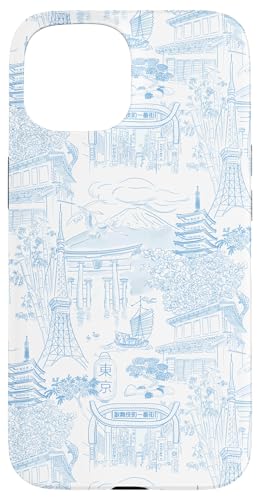 Adrette hellblaue Tokyo Chinoiserie Toile Tempel Sakura Fuji Hülle für iPhone 15 Adrette hellblaue Tokyo Chinoiserie Toile Tempel Sakura Fuji Hülle für iPhone 15 von Japanese Aesthetic Toile Patterns