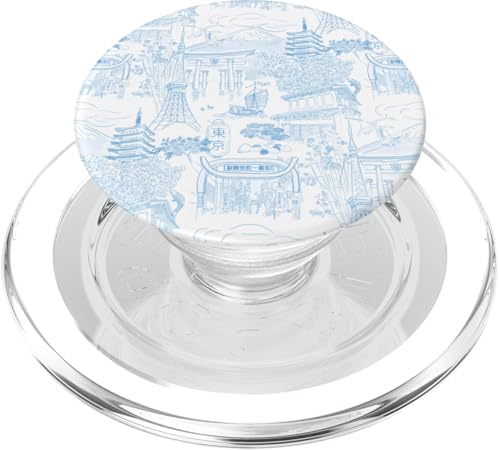 Adrette hellblaue Tokyo Chinoiserie Toile Tempel Sakura Fuji PopSockets PopGrip für MagSafe von Japanese Aesthetic Toile Patterns