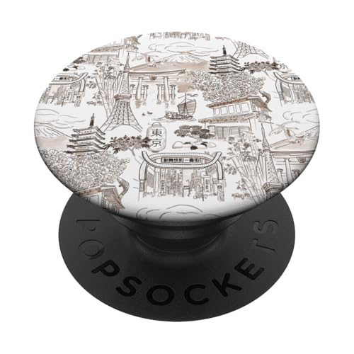 Preppy Brown Tokyo Chinoiserie Toile Temple Sakura Fuji PopSockets Klebender PopGrip Preppy Brown Tokyo Chinoiserie Toile Temple Sakura Fuji PopSockets Klebender PopGrip von Japanese Aesthetic Toile Patterns
