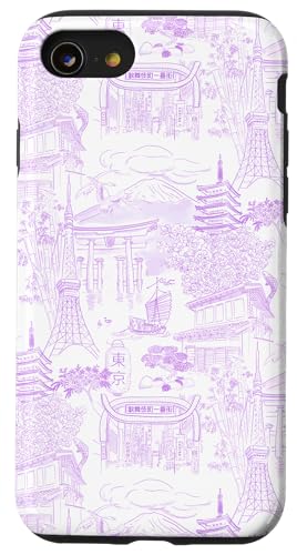 Preppy Chinoiserie Toile Temple Sakura Fuji aus Tokio, malvenfarben Hülle für iPhone SE (2020) / 7 / 8 von Japanese Aesthetic Toile Patterns