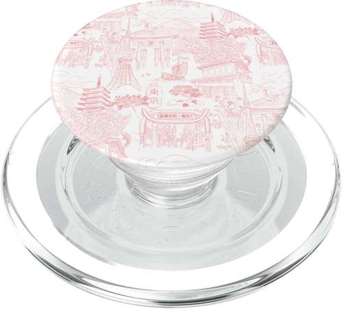 Preppy Coral Tokyo Chinoiserie Toile Temple Sakura Fuji PopSockets PopGrip für MagSafe von Japanese Aesthetic Toile Patterns