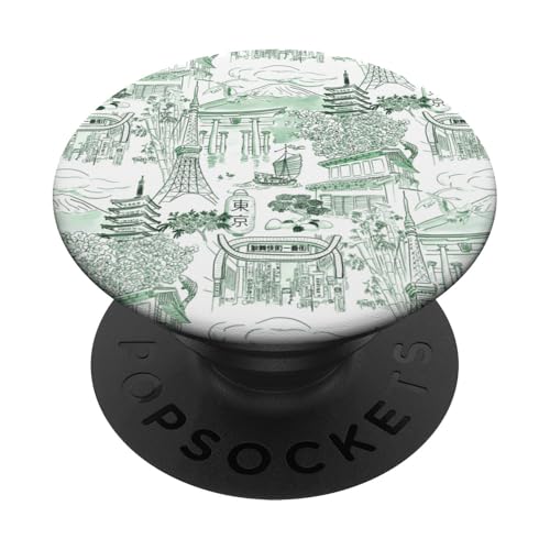 Preppy Forest Green Tokyo Chinoiserie Toile Sakura Fuji PopSockets Klebender PopGrip Preppy Forest Green Tokyo Chinoiserie Toile Sakura Fuji PopSockets Klebender PopGrip von Japanese Aesthetic Toile Patterns