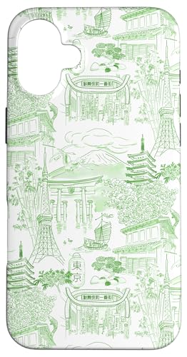 Preppy Kelly Green Tokyo Chinoiserie Toile Sakura Fuji Hülle für iPhone 16 Plus Preppy Kelly Green Tokyo Chinoiserie Toile Sakura Fuji Hülle für iPhone 16 Plus von Japanese Aesthetic Toile Patterns