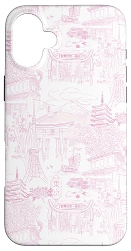 Preppy Pink Tokyo Chinoiserie Toile Temple, Sakura, Fuji Hülle für iPhone 16 Plus von Japanese Aesthetic Toile Patterns